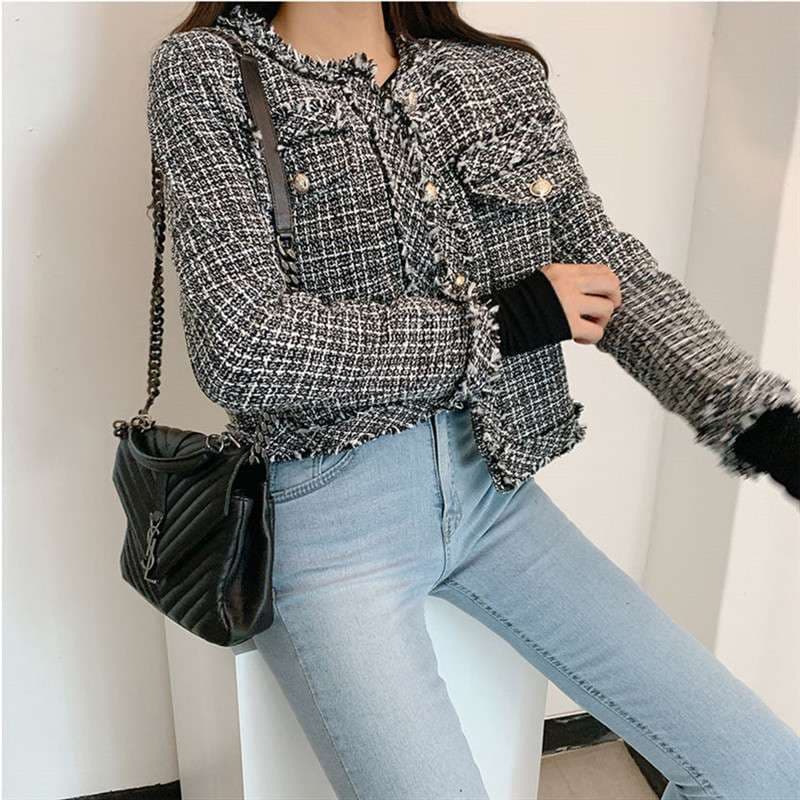 イエベ春/イエベ秋服　ツイード風フリンジトリムジャケット