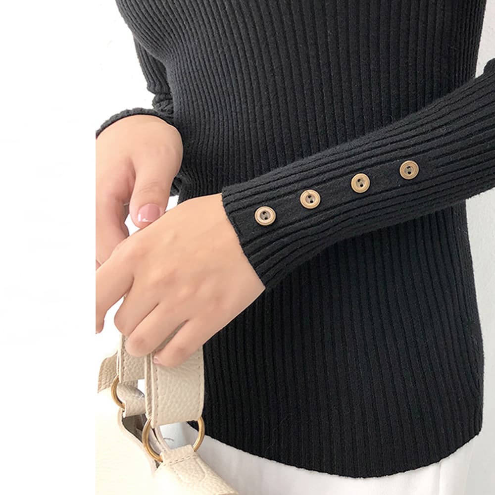 イエベ春/イエベ秋服　ニット レディース 長袖 リブ編み ハイネック ボタン 秋冬