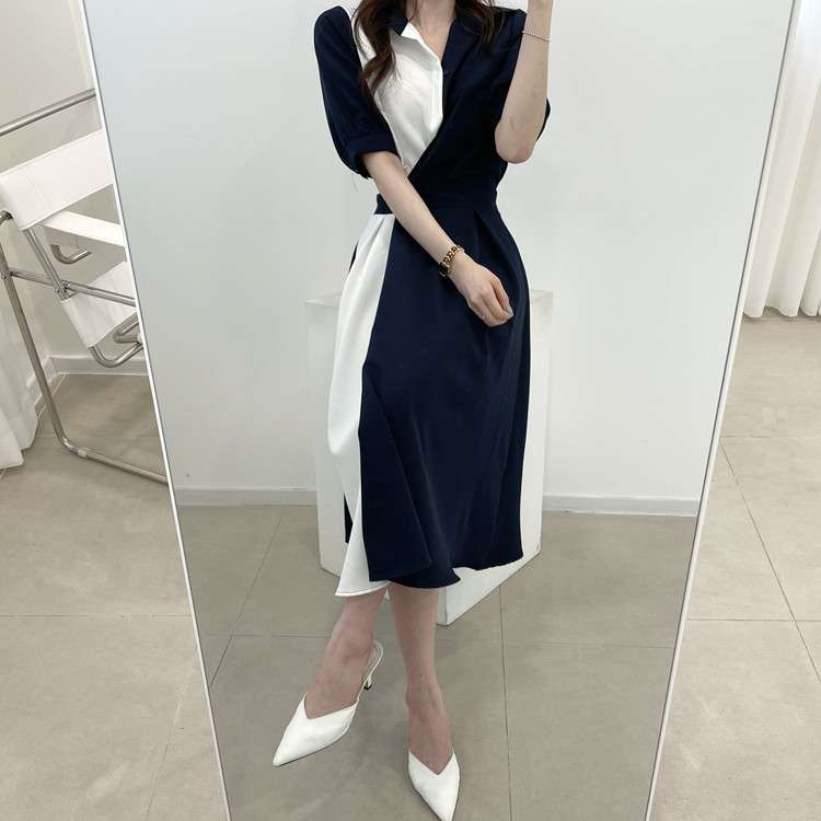 イエベ春/イエベ秋服　ドレープ切替ベルテッドワンピース