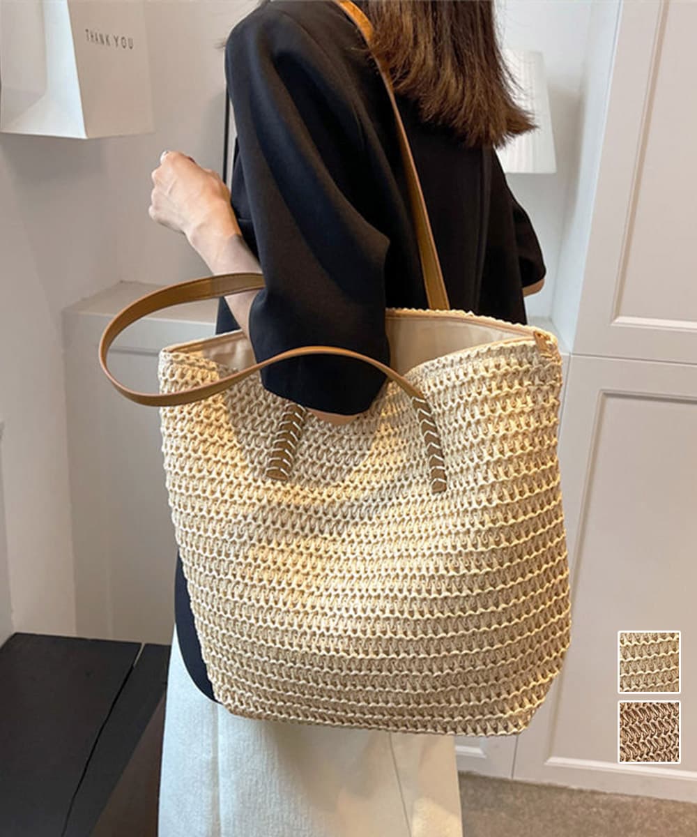 イエベ春/イエベ秋服　涼やか麦わらバッグ 大容量トートかごバッグ