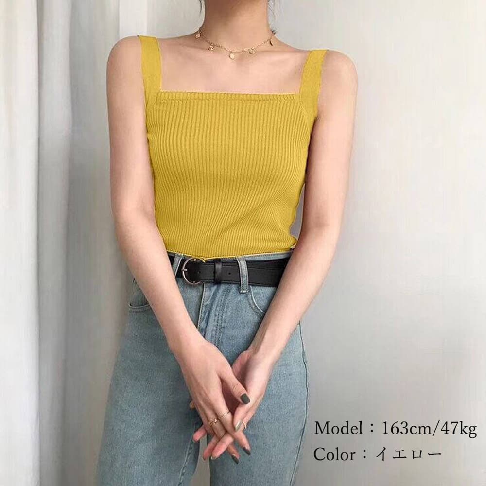 イエベ春/イエベ秋服　スクエアネック リブニット タンクトップ Tシャツ
