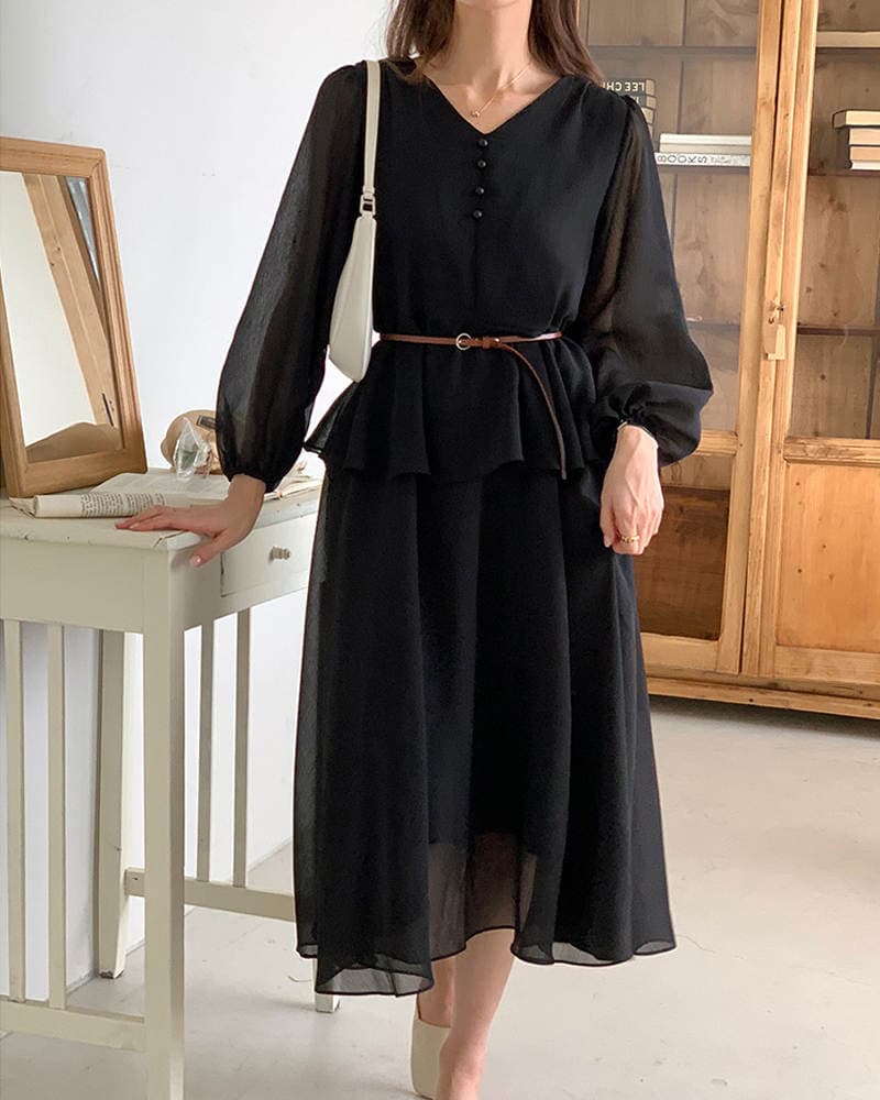 イエベ春/イエベ秋服　上品な気質 ブイネック ベルト付きワンピース