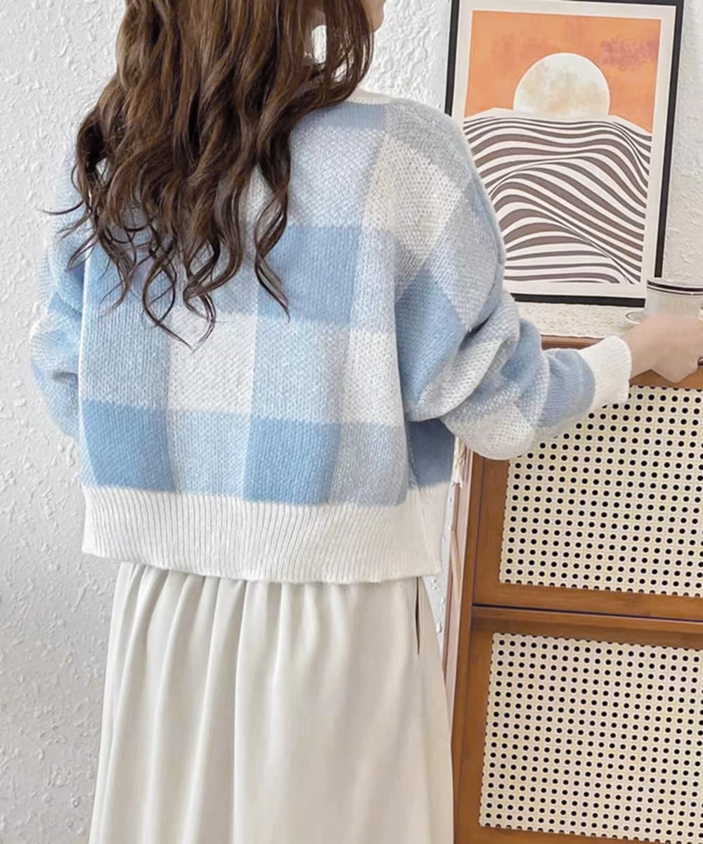 イエベ春/イエベ秋服　ブロックチェック柄ショート丈ニット