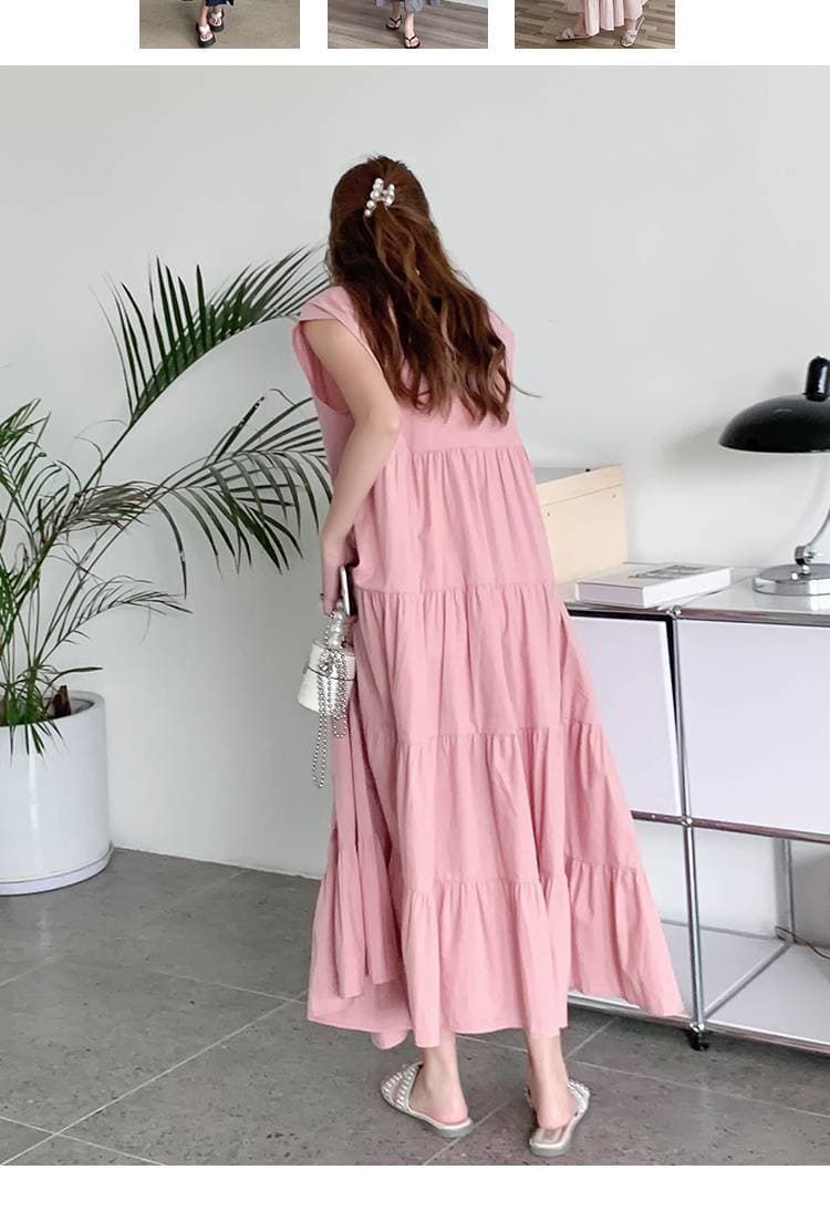 イエベ春服　ティアードフリルノースリーブマキシ丈ワンピース