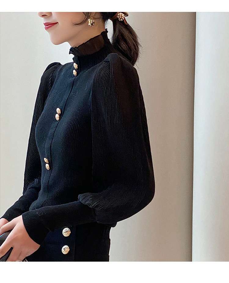 イエベ春/イエベ秋服　エレガントリブ編み立ち襟ブラウス