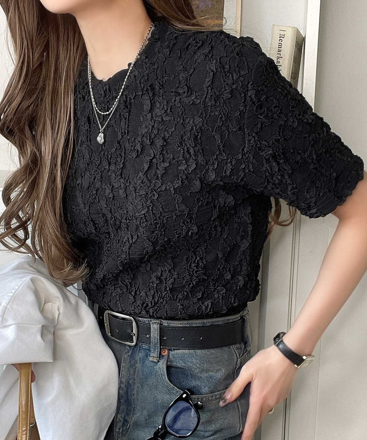 イエベ春/イエベ秋服　立体花模様クロップドTシャツ