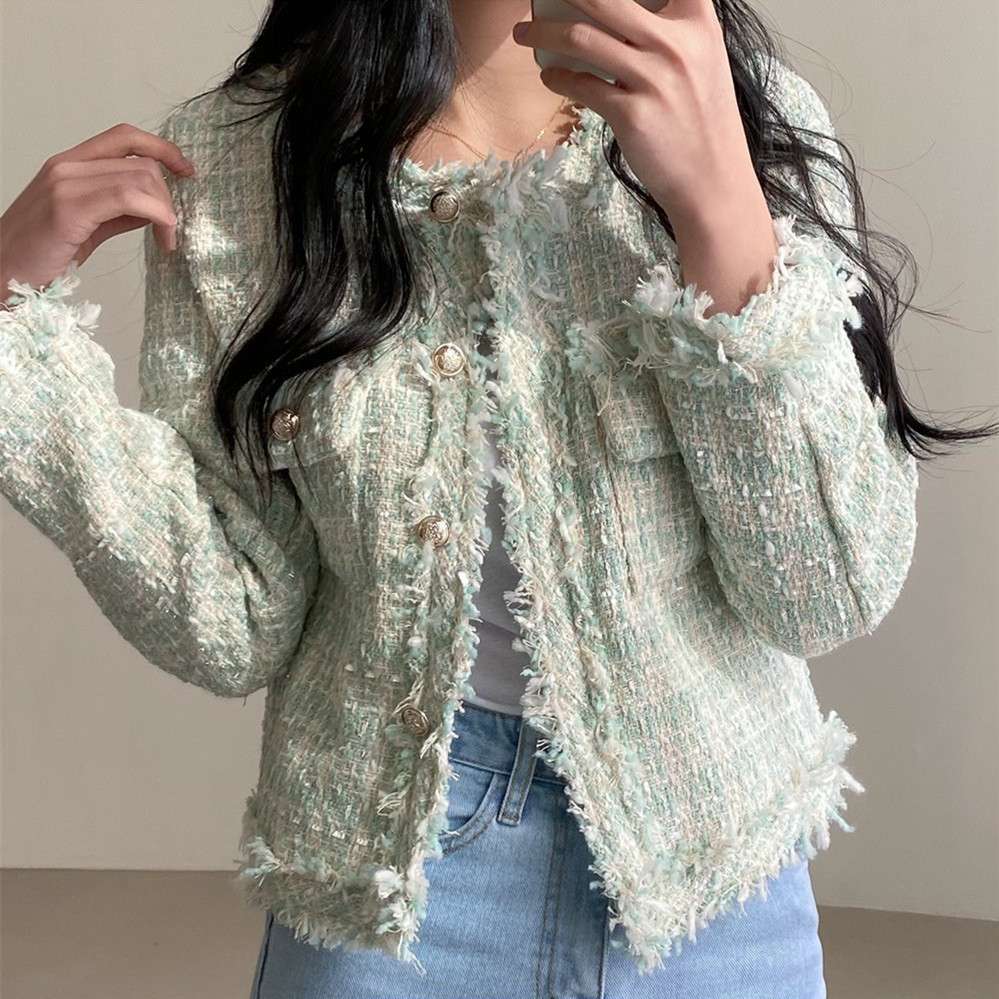 イエベ春/イエベ秋服　ツイード風フリンジトリムジャケット