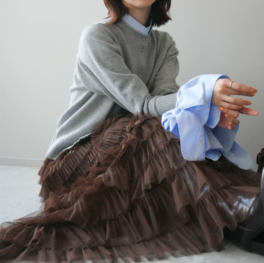 イエベ春服　リボン切り替えニットカーディガン重ね着風