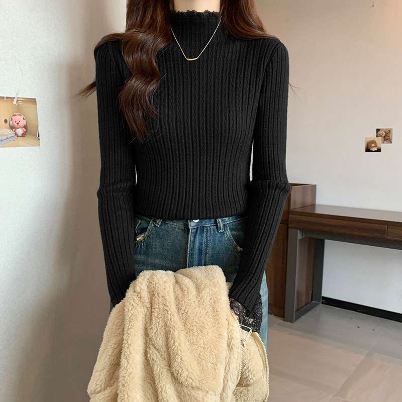 イエベ春/イエベ秋服　レース袖リブニットトップス