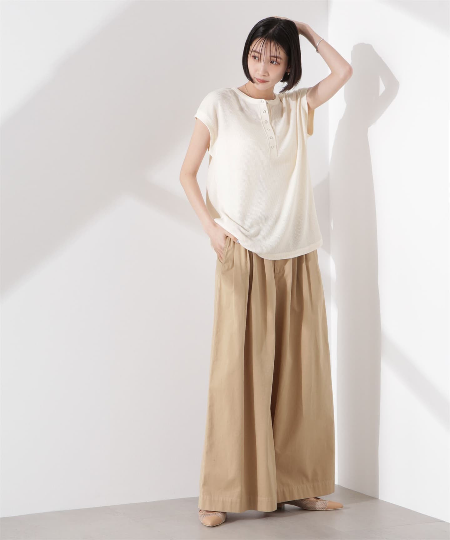 イエベ春/イエベ秋服　涼やかワッフル編みヘンリーネックＴシャツ