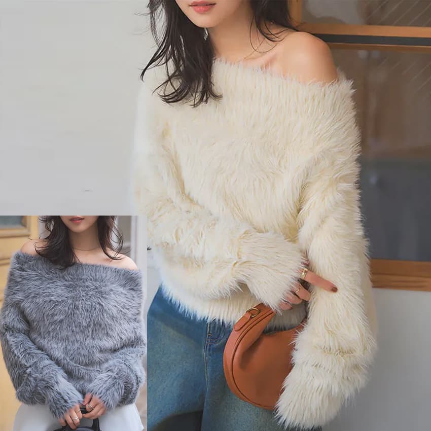 イエベ春/イエベ秋服　ファーニット オフショルダー フワフワ上品トップス