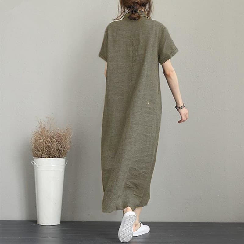 イエベ秋服　ナチュラルリネン調襟付き半袖ロングシャツワンピース
