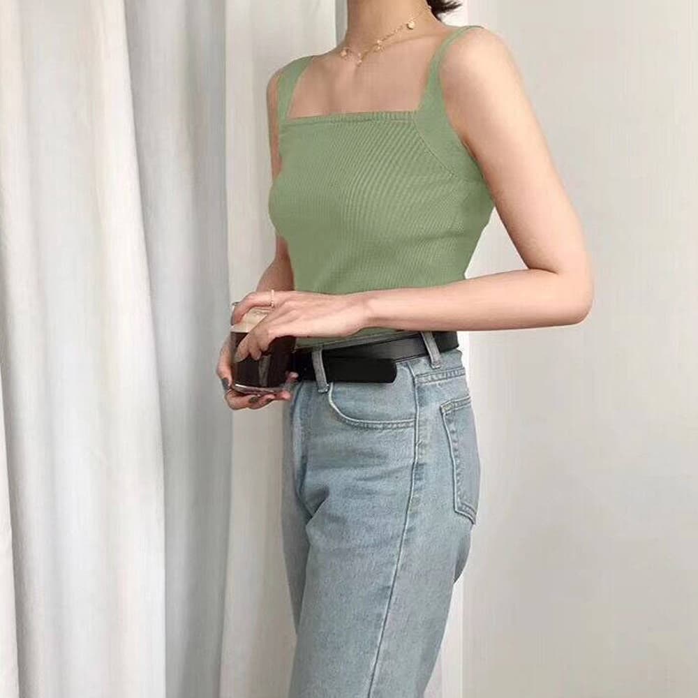 イエベ春/イエベ秋服　スクエアネック リブニット タンクトップ Tシャツ