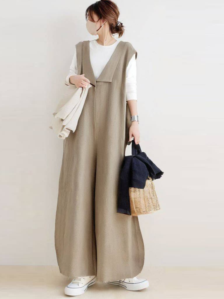 イエベ春/イエベ秋服　上質リネン風ゆったりサロペット