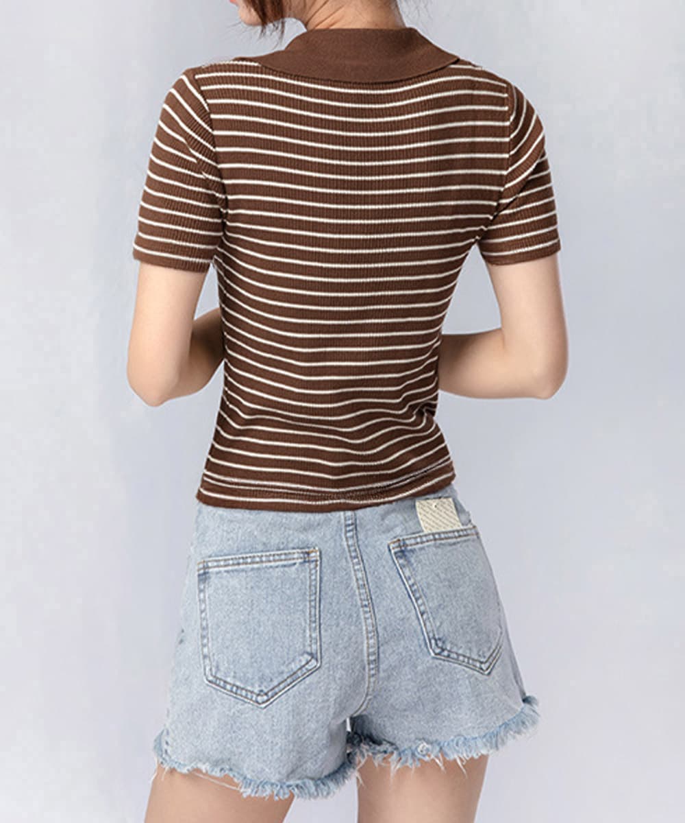 イエベ春/イエベ秋服　洗練ボーダー柄ニットポロシャツ 半袖ブラウス