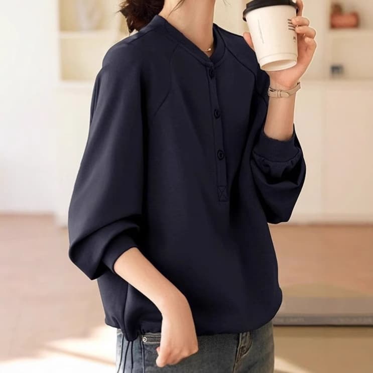 イエベ秋服　丸首ボタン付きラグランスリーブスウェット