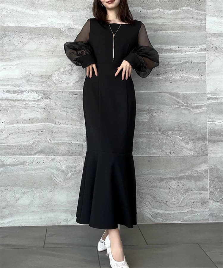 イエベ春/イエベ秋服　異素材切替ワンピース 長袖マーメイド風ロング丈