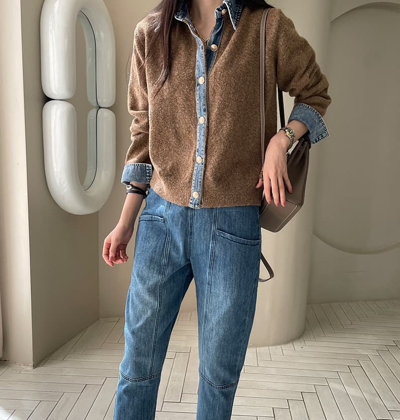 イエベ春/イエベ秋服　配色デニム襟ニットカーディガンシャツ