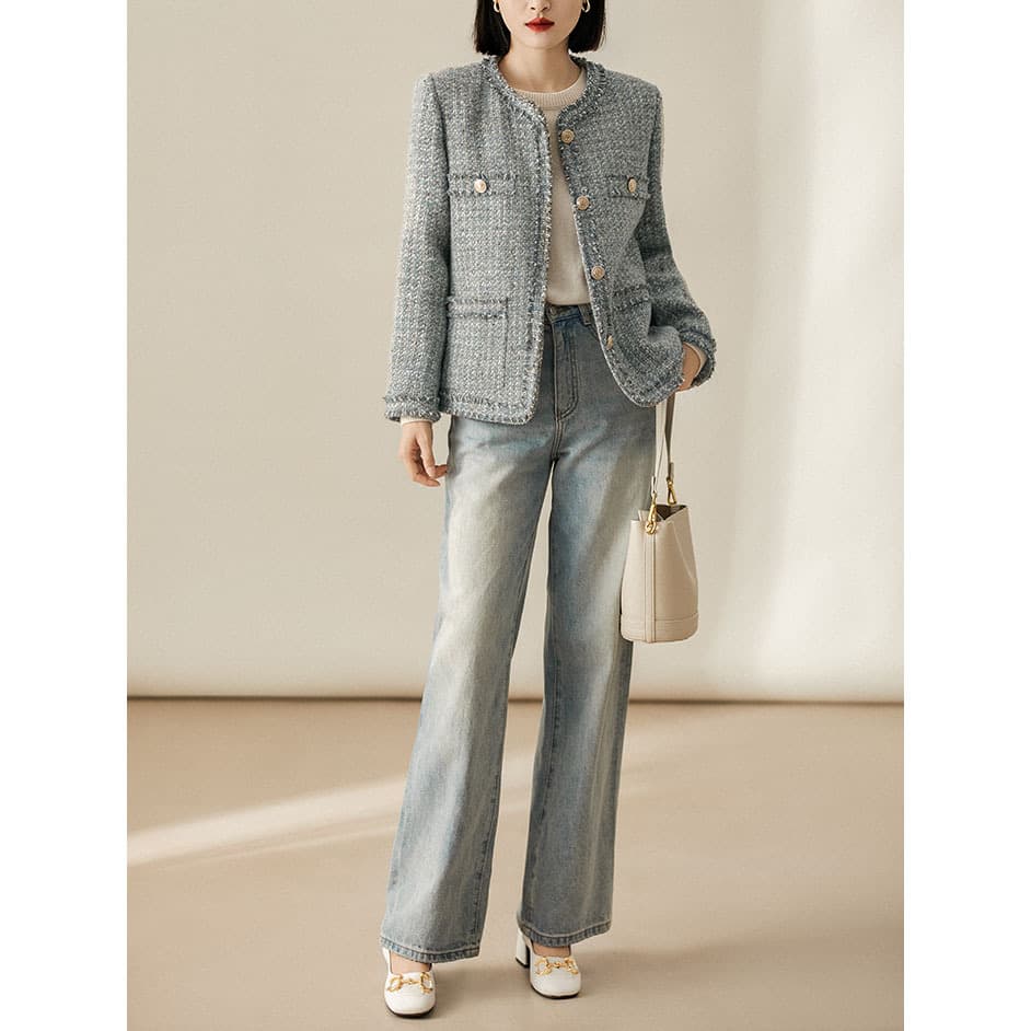 上品ツイード調ノーカラージャケット