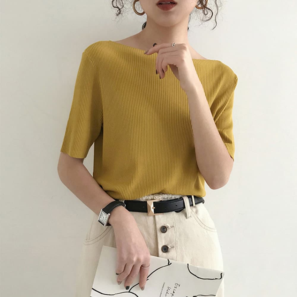 イエベ春/イエベ秋服　リブニット ボートネック Tシャツ