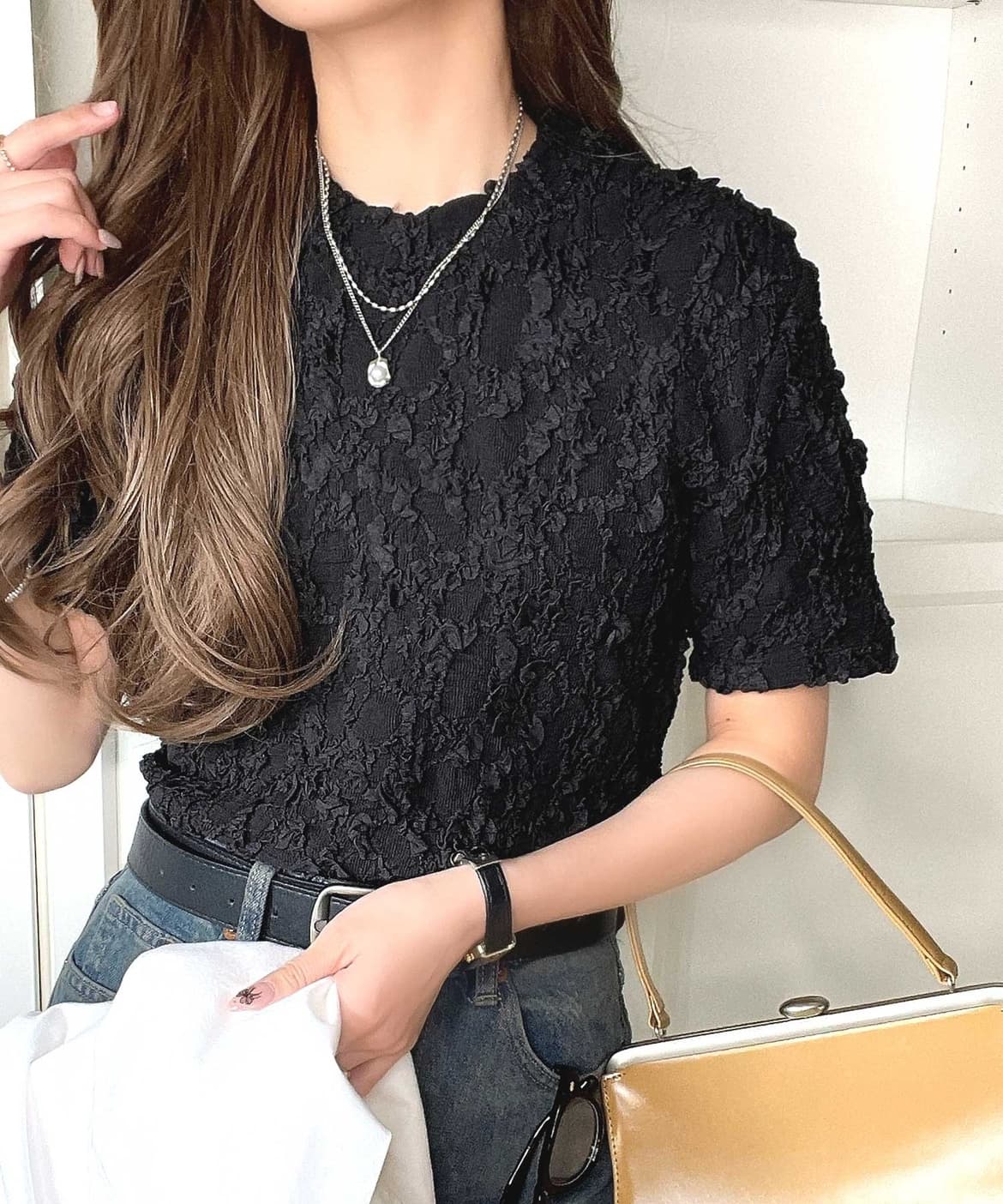 イエベ春/イエベ秋服　立体花模様クロップドTシャツ