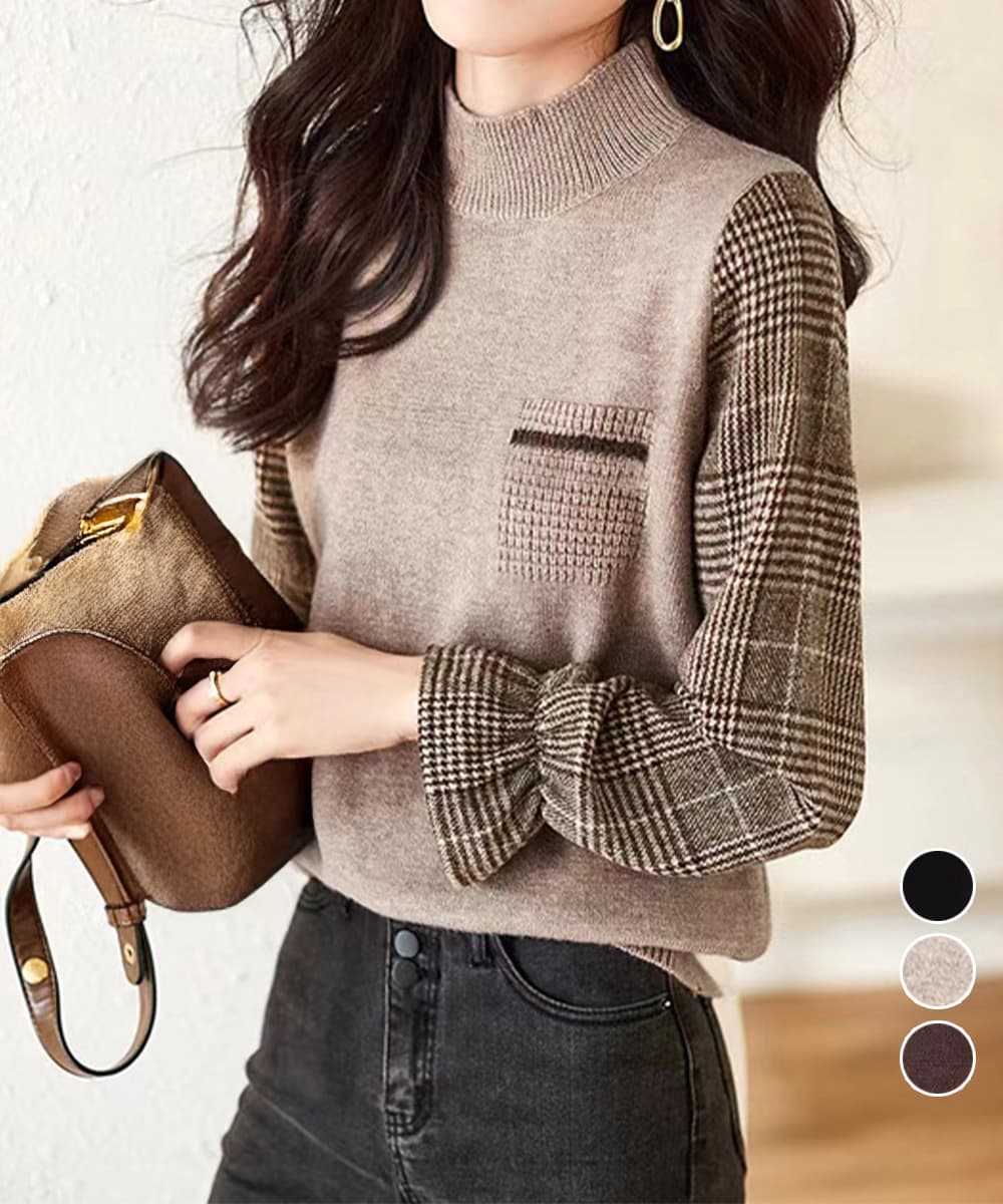 イエベ春/イエベ秋服　格子柄袖切替ハイネックニット秋冬レディース
