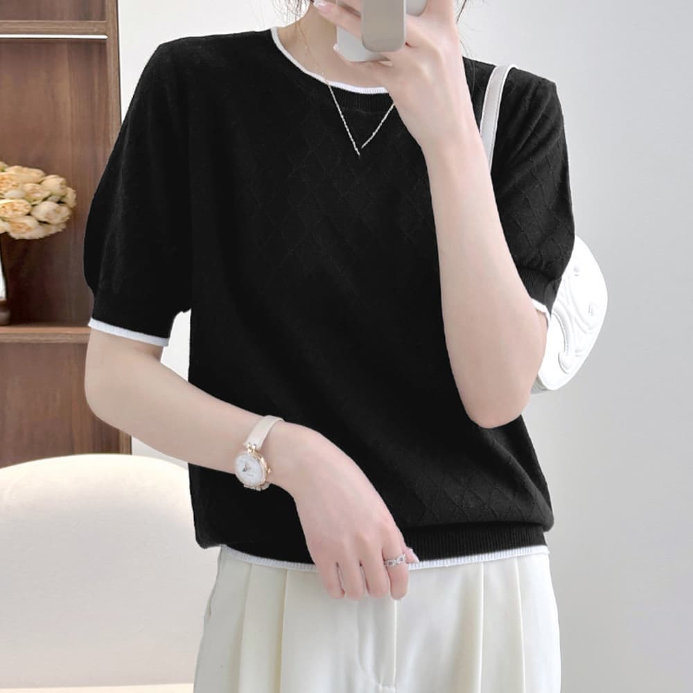 イエベ秋服　バイカラーパイピング ひし形柄 サマーニット 半袖