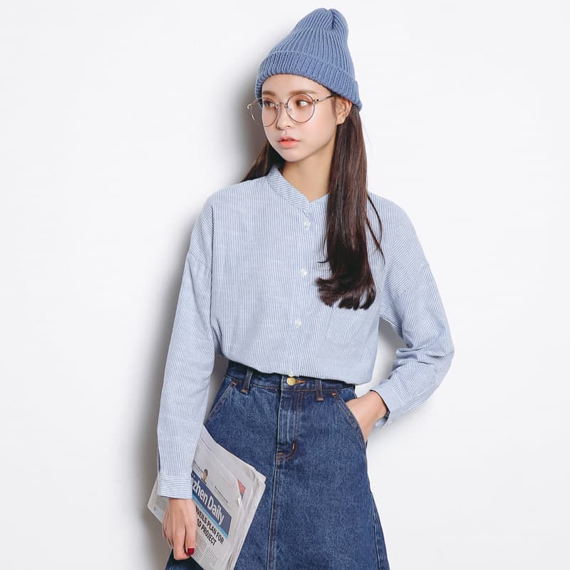 イエベ春服　立ち襟ストライプゆったりシャツ