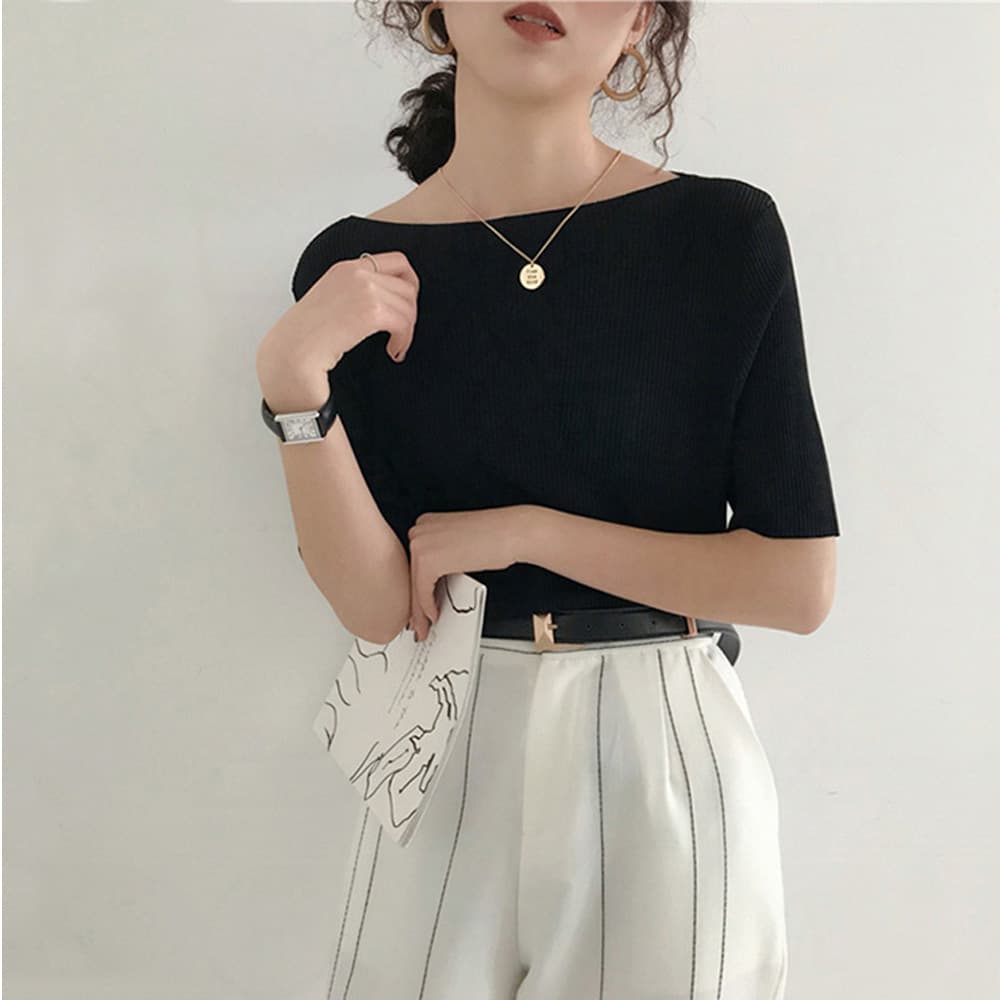 イエベ春/イエベ秋服　リブニット ボートネック Tシャツ
