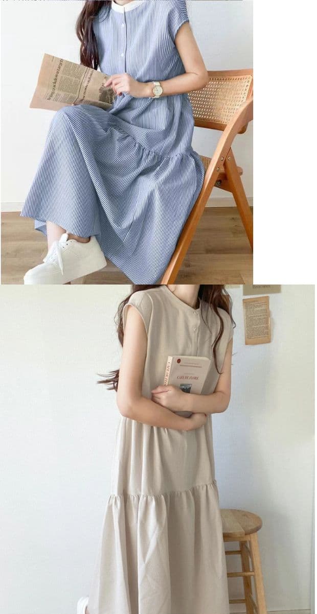 イエベ春/イエベ秋服　爽やか縦縞ティアードワンピース