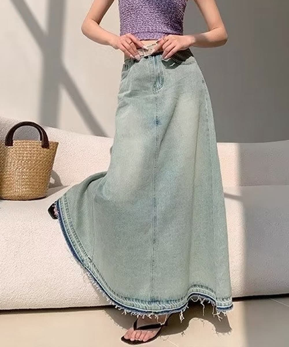 イエベ春/イエベ秋服　 切りっぱなし裾フリンジ長丈デニムスカート 韓国風