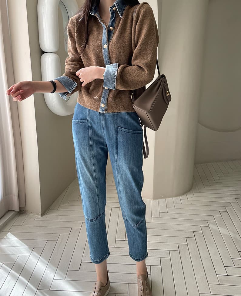 イエベ春/イエベ秋服　配色デニム襟ニットカーディガンシャツ