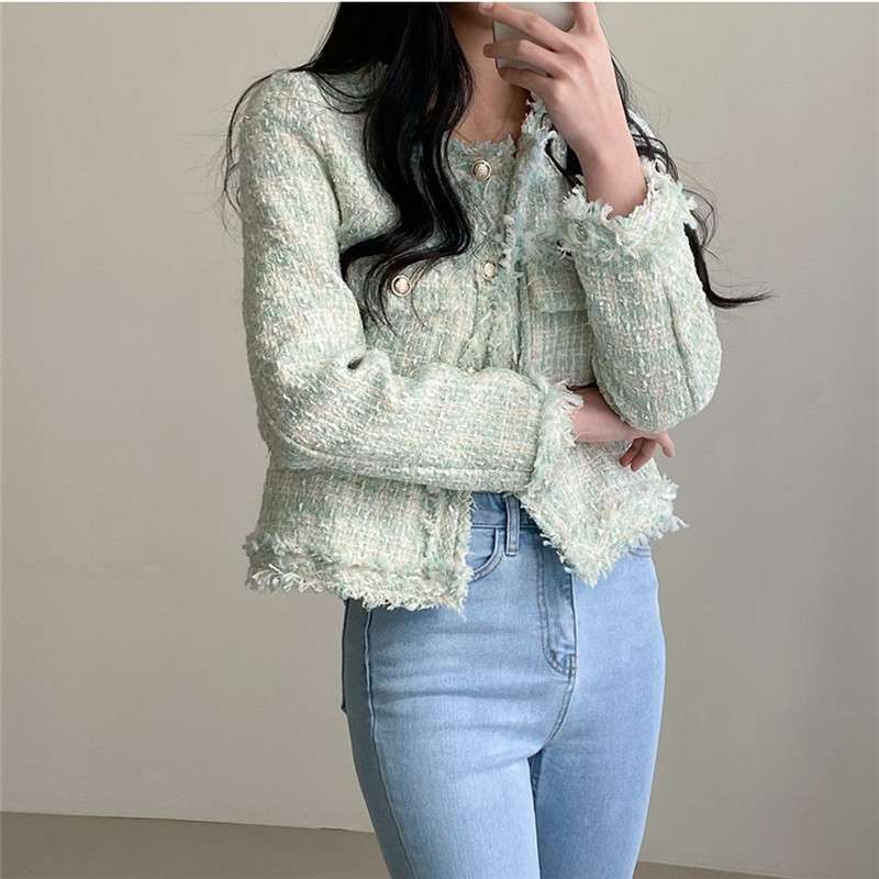 イエベ春/イエベ秋服　ツイード風フリンジトリムジャケット