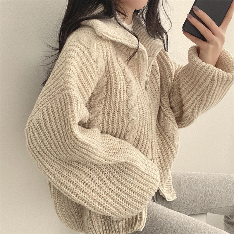 イエベ春/イエベ秋服　ケーブル編みジップアップニット