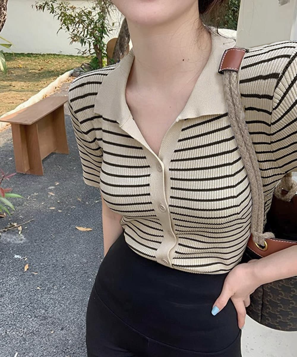 イエベ春/イエベ秋服　洗練ボーダー柄ニットポロシャツ 半袖ブラウス