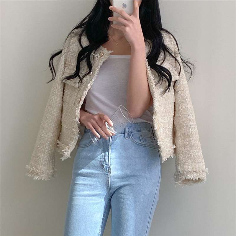 イエベ春/イエベ秋服　ツイード風フリンジトリムジャケット