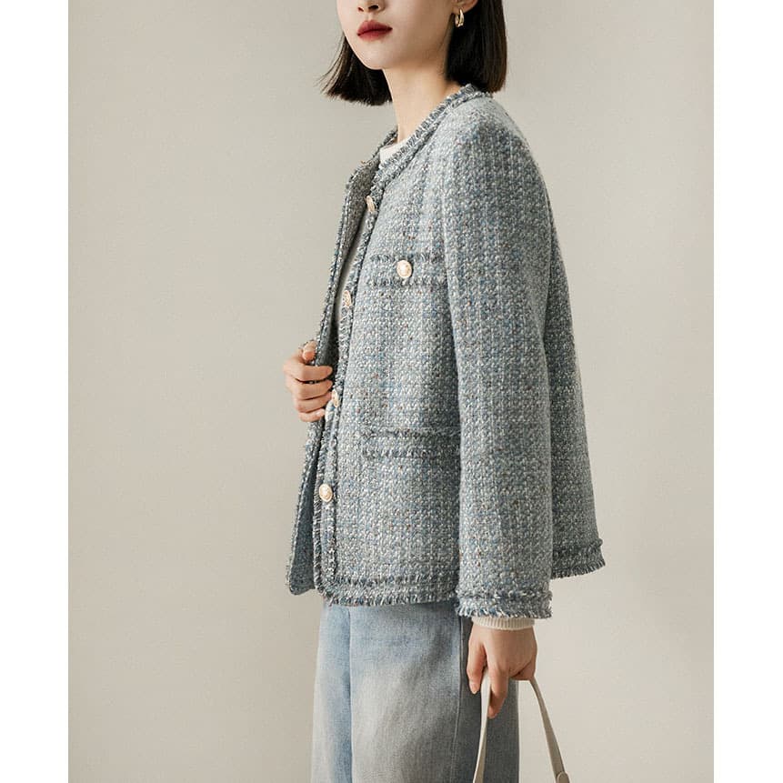 上品ツイード調ノーカラージャケット