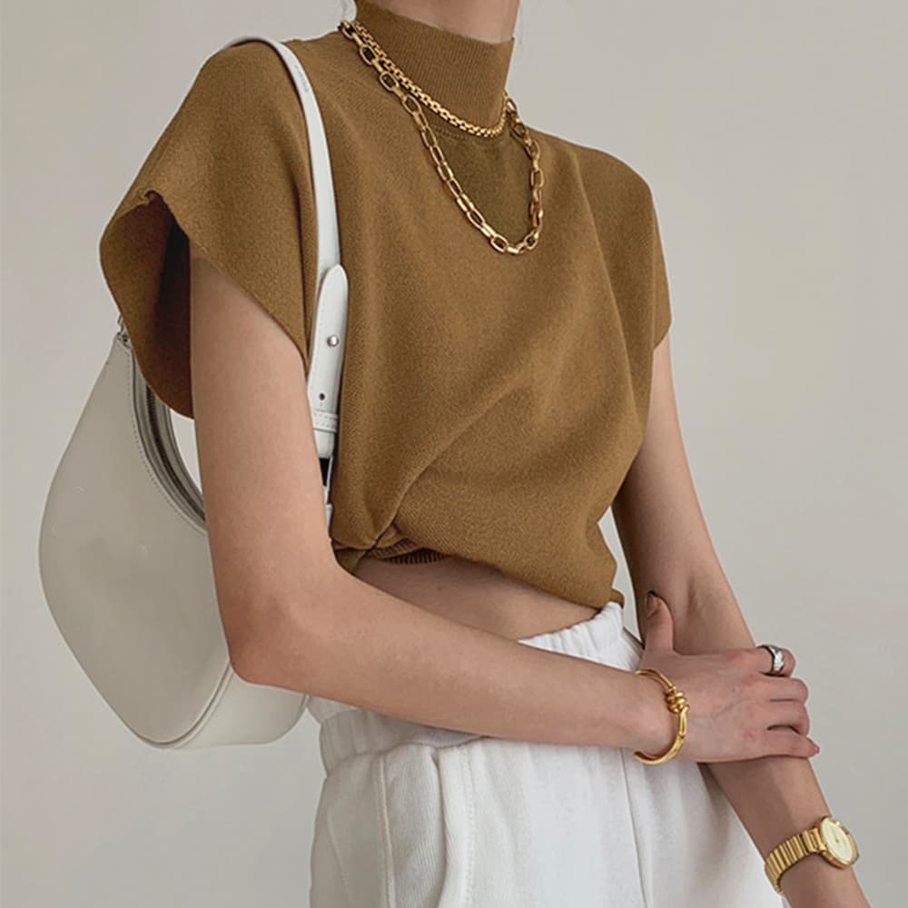 イエベ春/イエベ秋服　高品質ニット ハイネック フレンチスリーブ