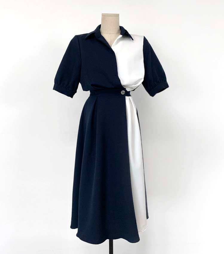 イエベ春/イエベ秋服　ドレープ切替ベルテッドワンピース