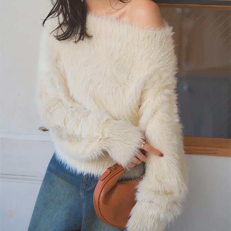 イエベ春/イエベ秋服　ファーニット オフショルダー フワフワ上品トップス