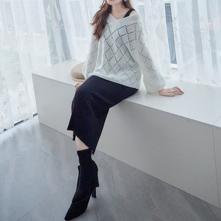 イエベ春/イエベ秋服　編み デザインニットプルオーバー