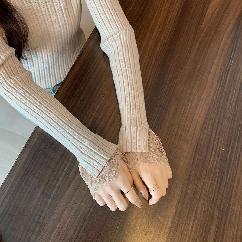 イエベ春/イエベ秋服　レース袖リブニットトップス