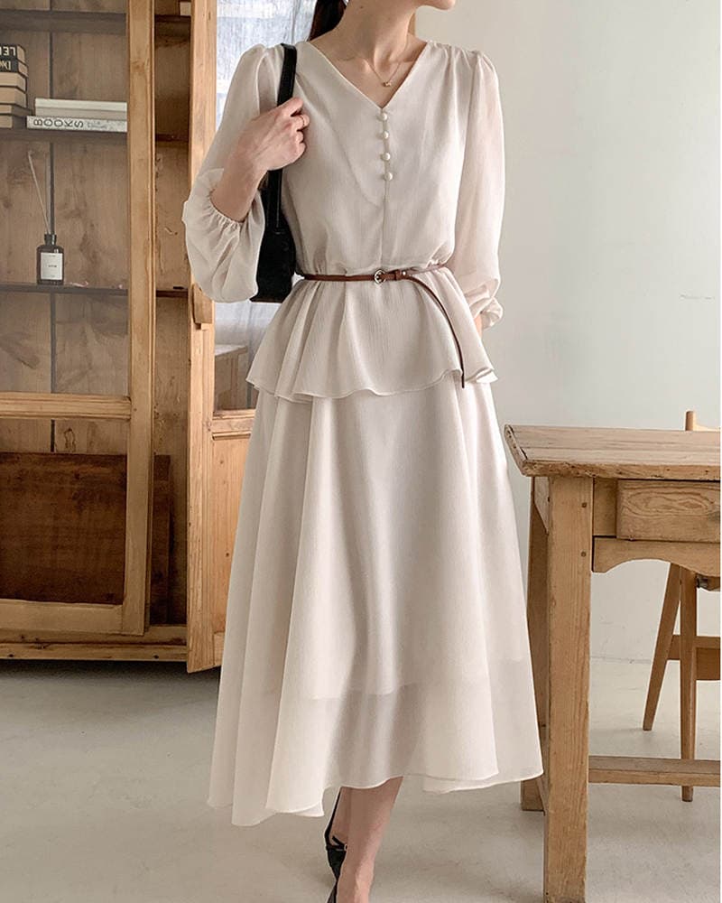 イエベ春/イエベ秋服　上品な気質 ブイネック ベルト付きワンピース