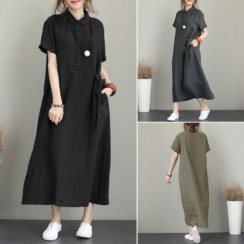 イエベ秋服　ナチュラルリネン調襟付き半袖ロングシャツワンピース