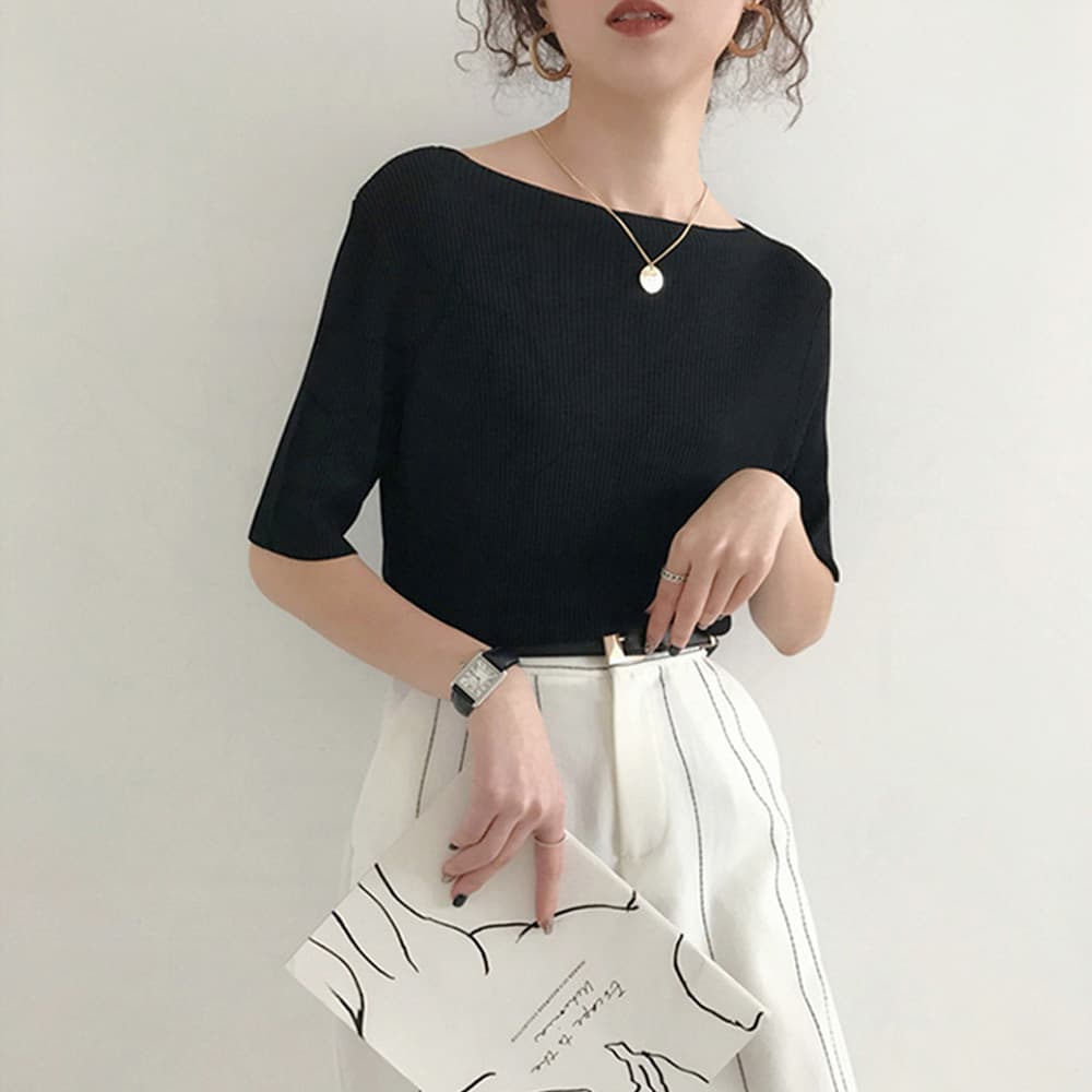 イエベ春/イエベ秋服　リブニット ボートネック Tシャツ