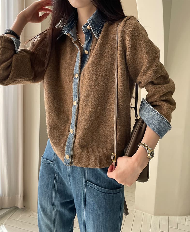 イエベ春/イエベ秋服　配色デニム襟ニットカーディガンシャツ