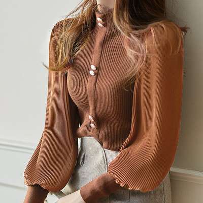 イエベ春/イエベ秋服　エレガントリブ編み立ち襟ブラウス