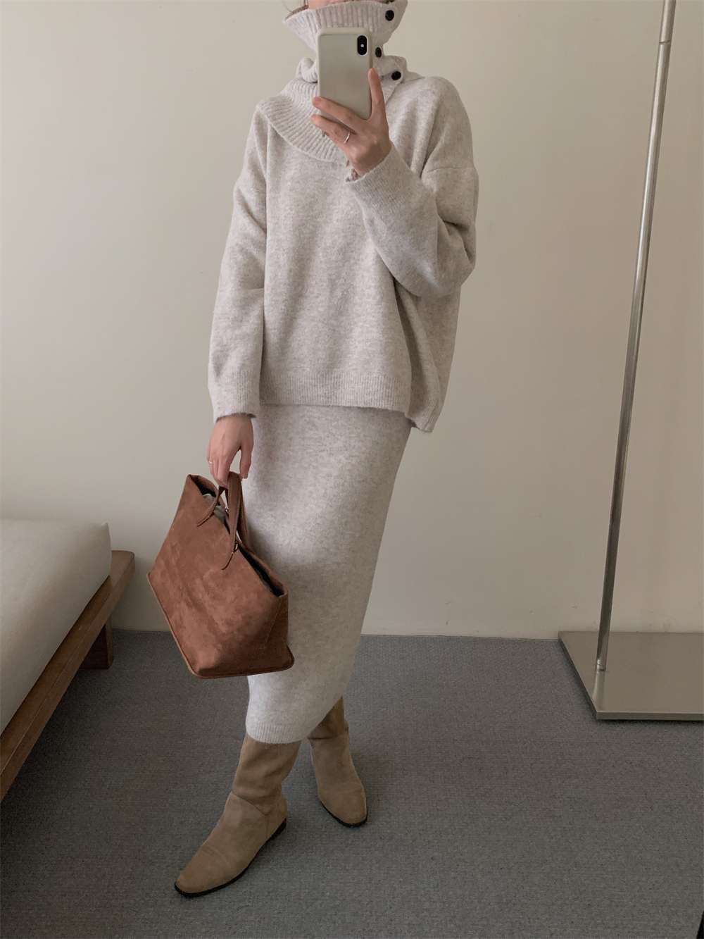 イエベ春/イエベ秋服　上質リブニット風タートルセットアップ