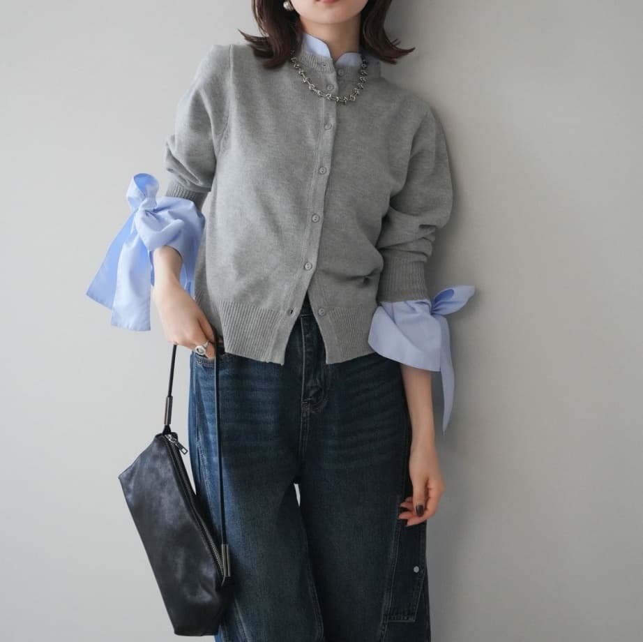 イエベ春服　リボン切り替えニットカーディガン重ね着風