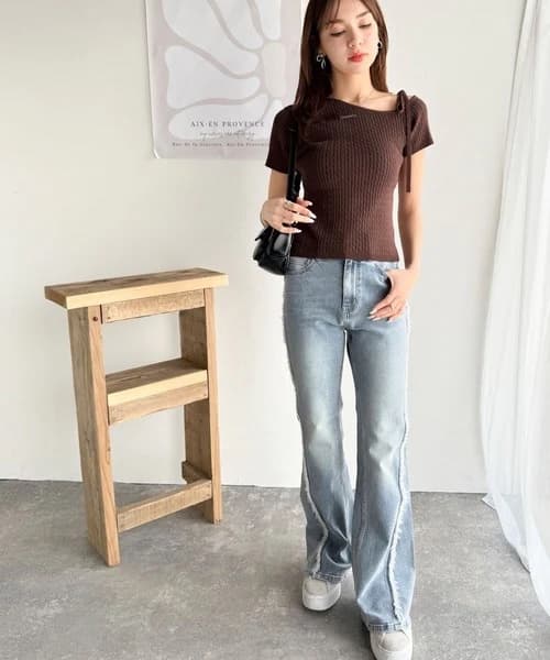 イエベ春/イエベ秋服　リボンネックケーブル編みニット